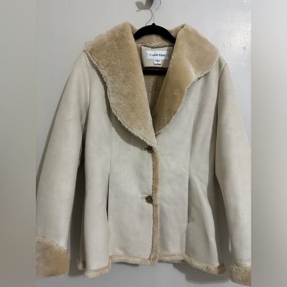 Calvin Klein Tan Faux Shearling Faux Suede Coat Jacket Size S - Picture 2 of 12